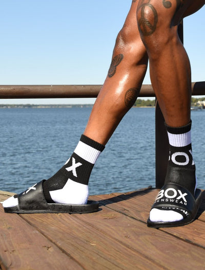 Seth Holbrook Legs Tattoos Black Socks Black Lux Box Sliders Boardwalk Sea